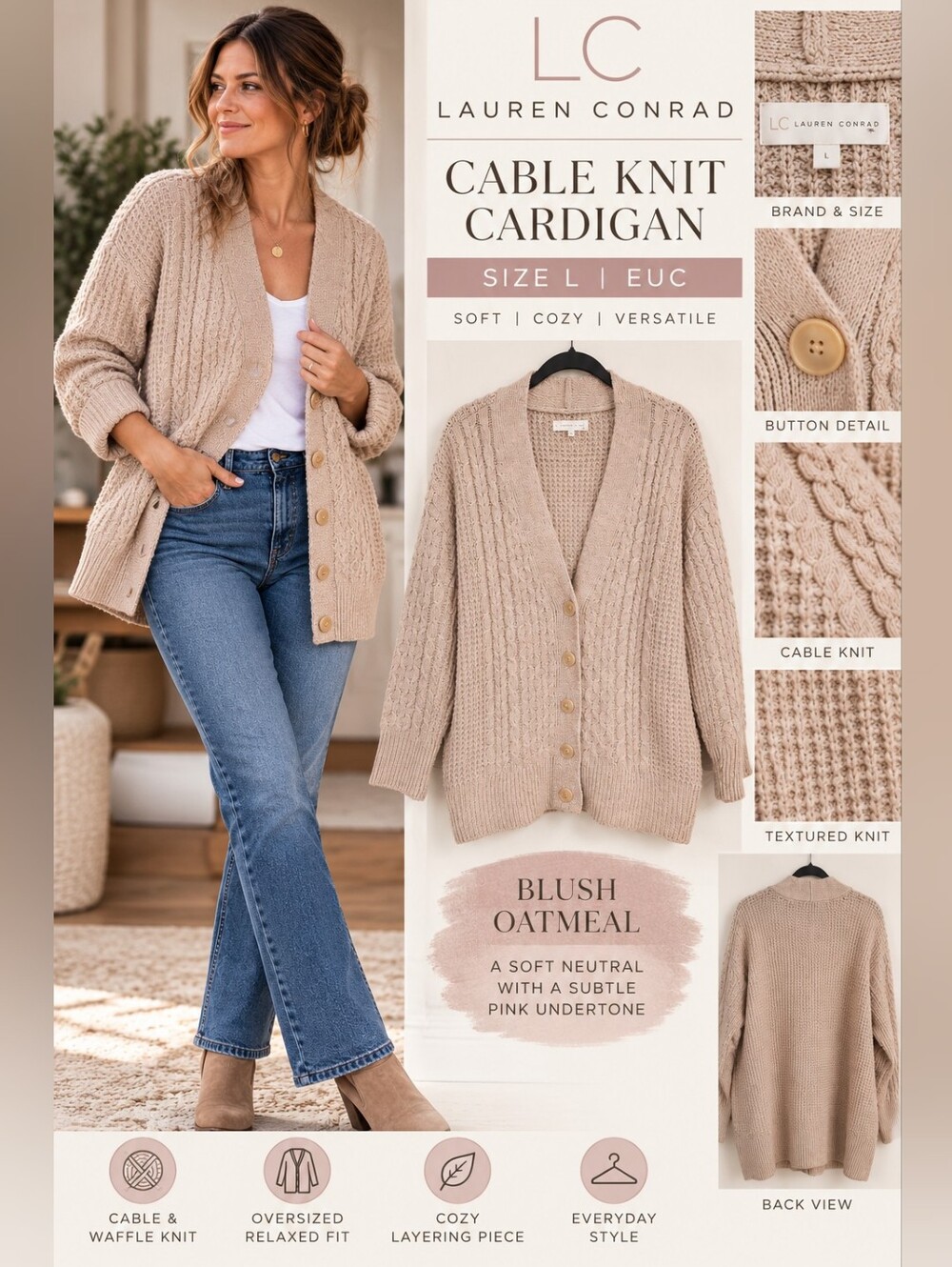 EUC LC Lauren Conrad Cable Knit Cardigan Size L Blush Oatmeal / Pink Beige